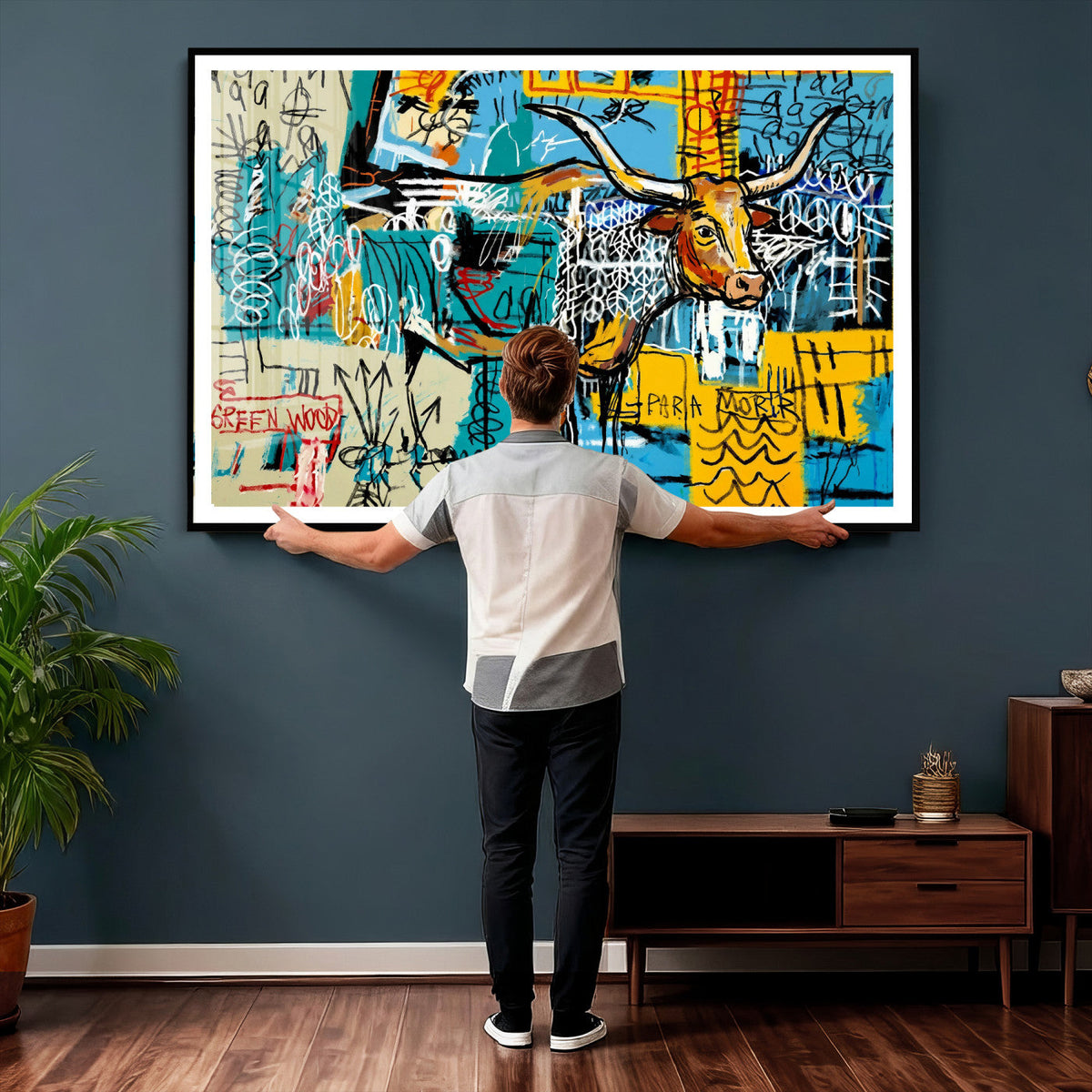 Basquiat Style Bird Bull Graffiti Wall Art Canvas Print,