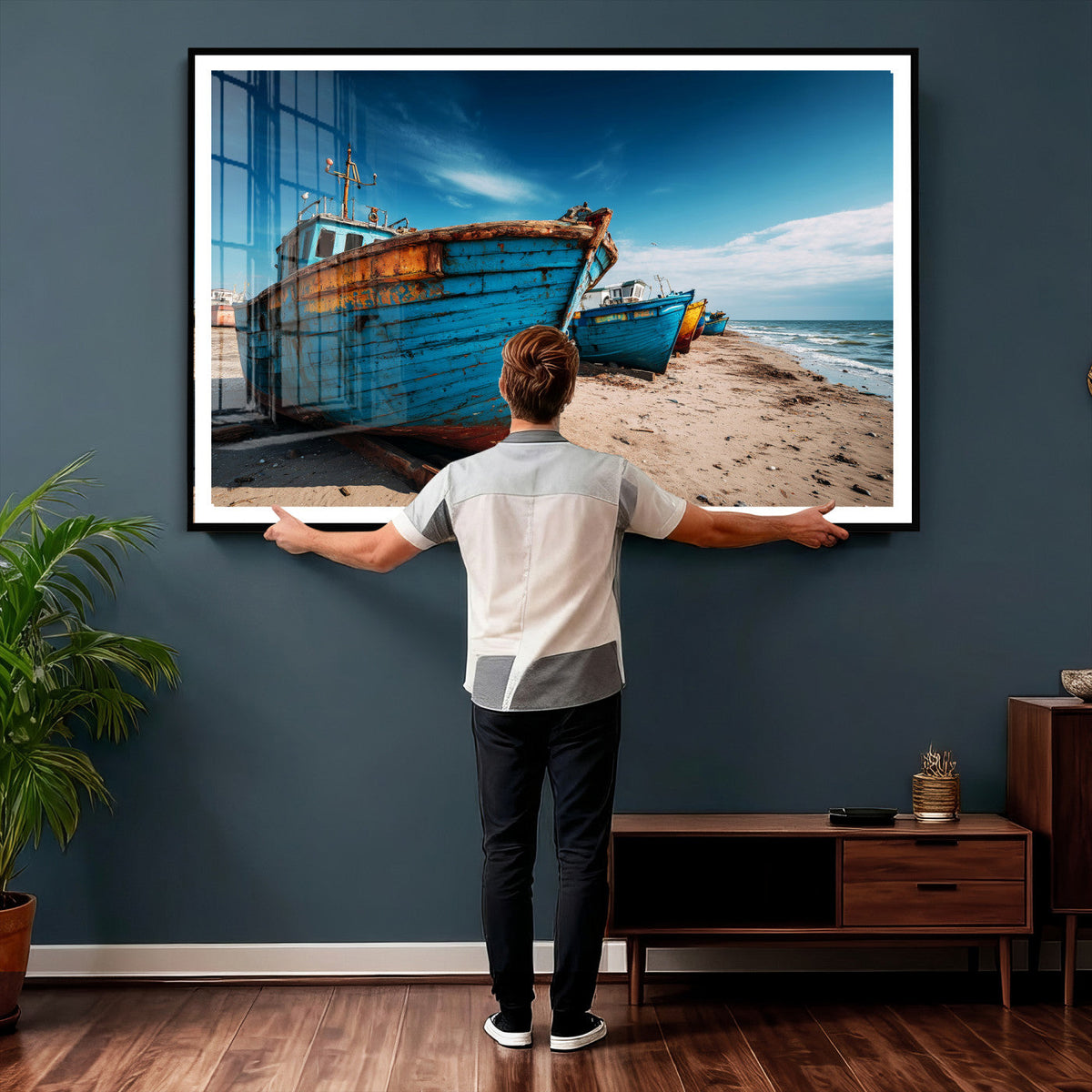 Coastal Fishing Boats Wall Art Canvas Print, Sunset Beach