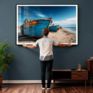 Coastal Fishing Boats Wall Art Canvas Print, Sunset Beach