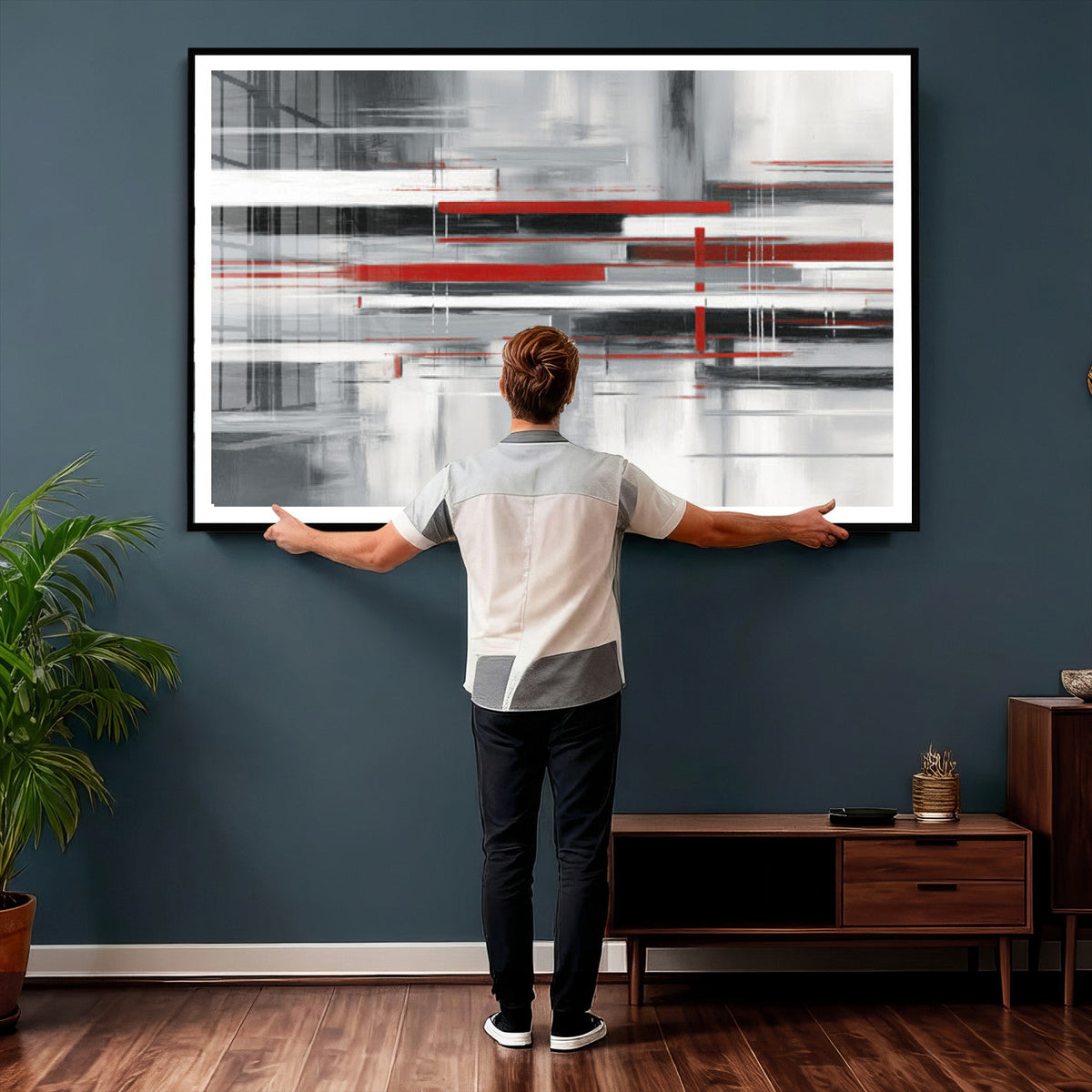 Gray Red Abstract Wall Art Canvas Print, Modern Abstract