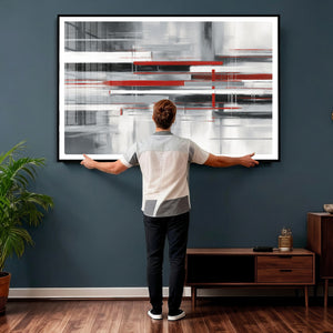Gray Red Abstract Wall Art Canvas Print, Modern Abstract