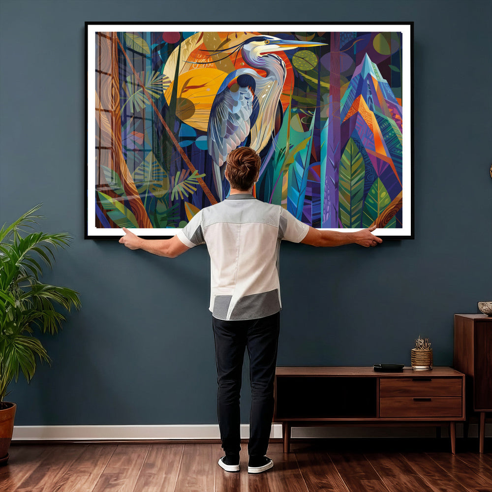 Colorful Heron Wall Art Canvas Print Tropical Bird Abstract