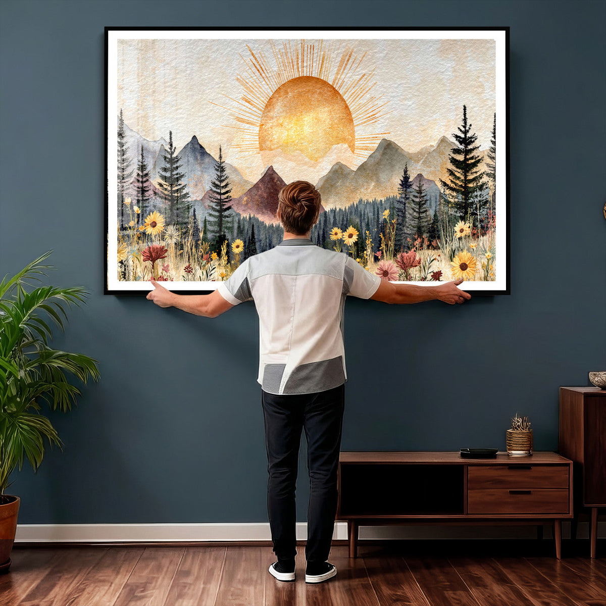 Boho Mountain Landscape Large Wall Art, Horizontal Gold