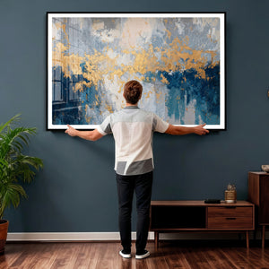 Blue Gold Abstract Large Framed Canvas Wall Art, Modern