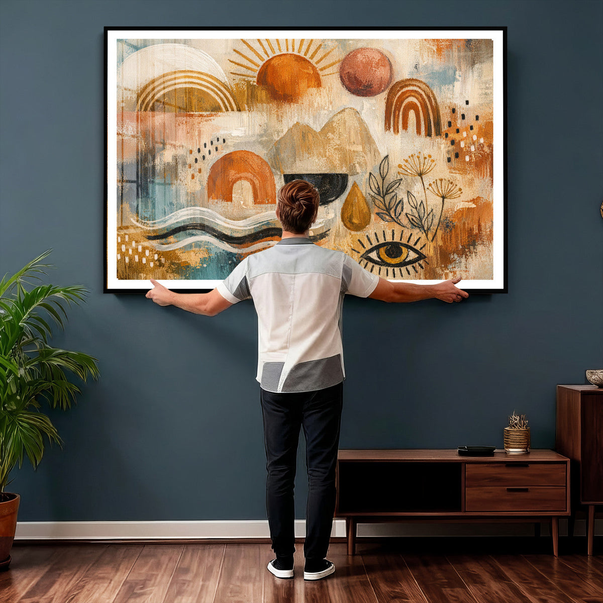 Geometric Boho Abstract Wall Art Canvas Print, Orange Blue
