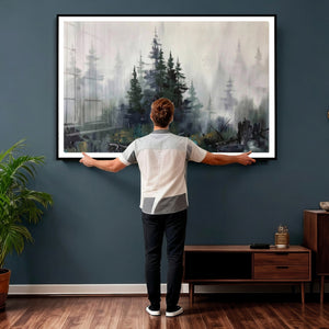 Misty Pine Forest Oil Painting Canvas — Dark Moody Teal Grey