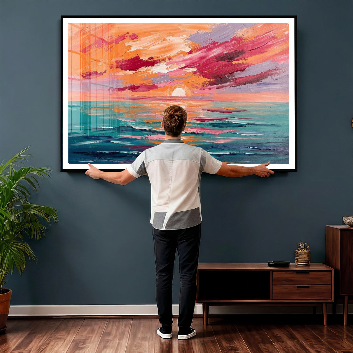 Bold Palette Knife Ocean Sunset Canvas — Orange Pink Teal