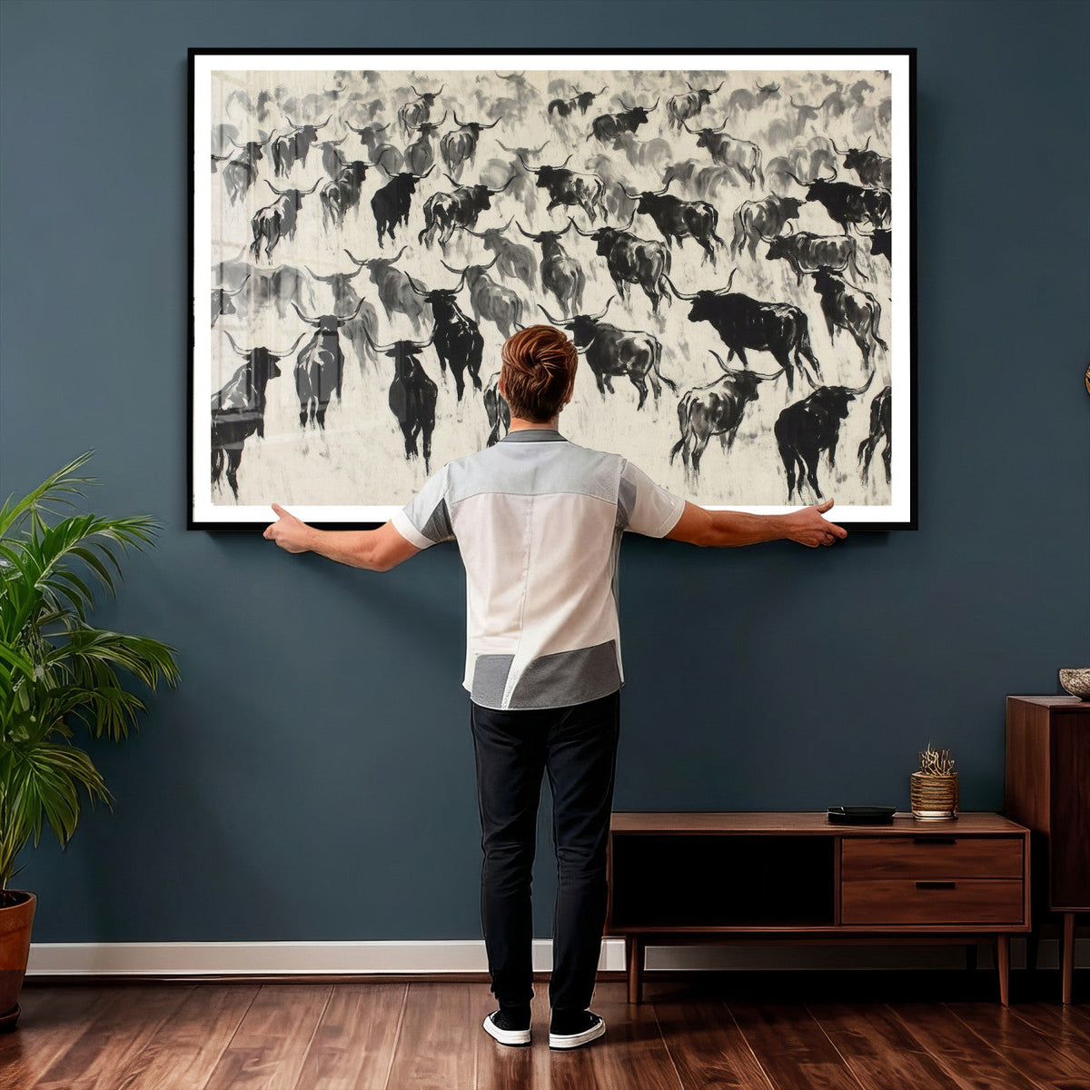 Longhorn Cattle Canvas Wall Art, Black White Stampede Ink
