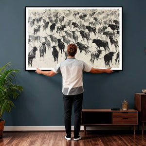 Longhorn Cattle Canvas Wall Art, Black White Stampede Ink