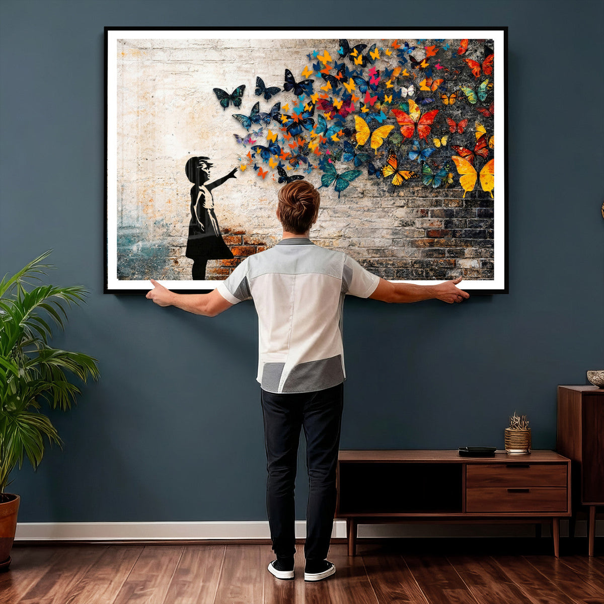 Banksy Graffiti Butterfly Girl Wall Art Canvas Print, Framed