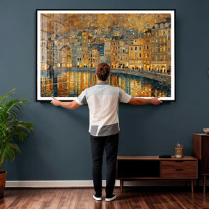 Gustav Klimt Golden Cityscape Wall Art Canvas Print, Framed