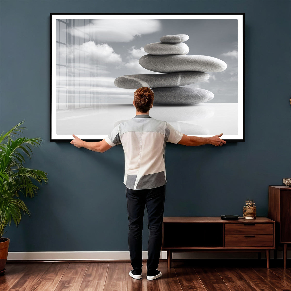 Zen Stone Wall Art Canvas Print, Balanced Rock Stack Framed