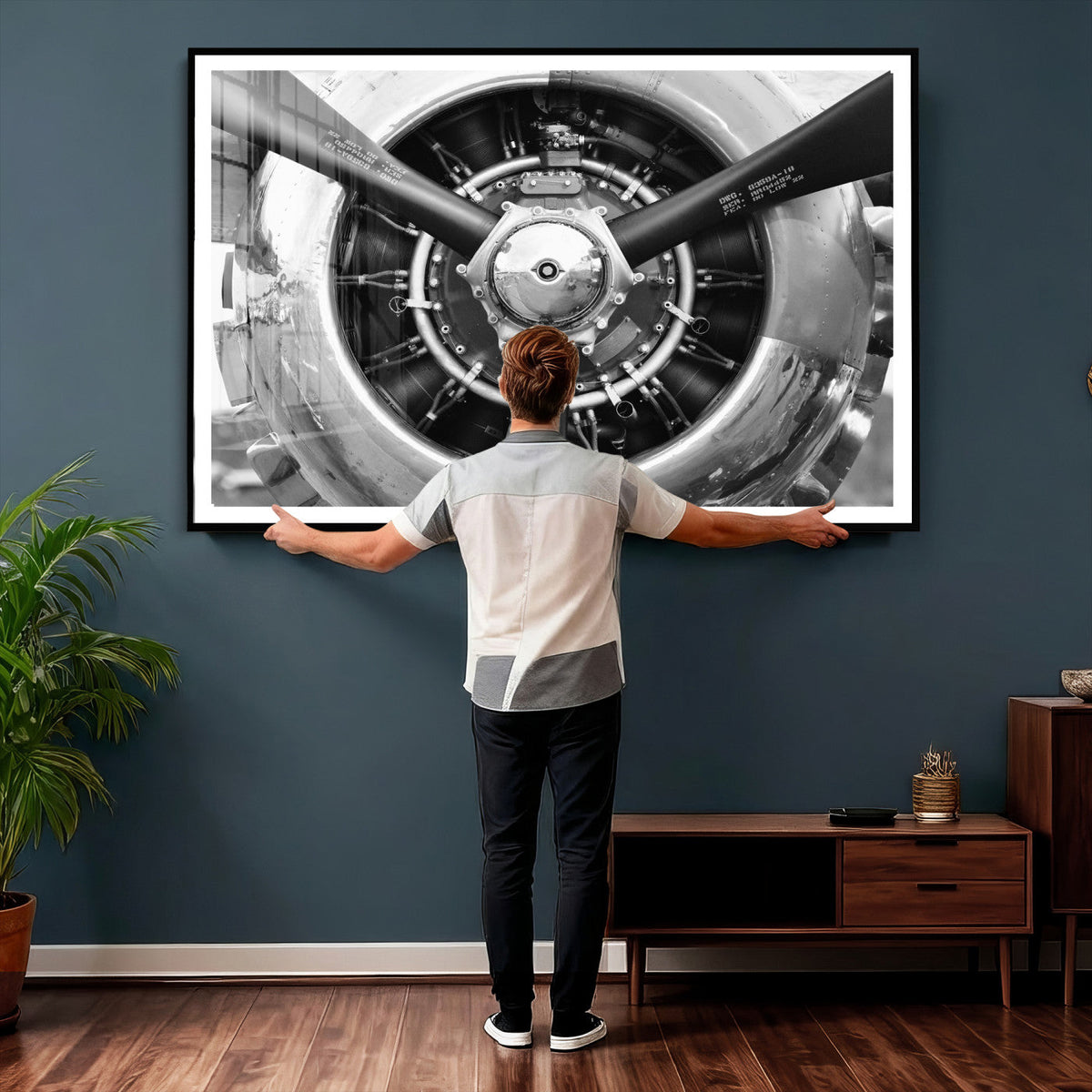 Vintage Propeller Plane Wall Art Canvas Print, Black and