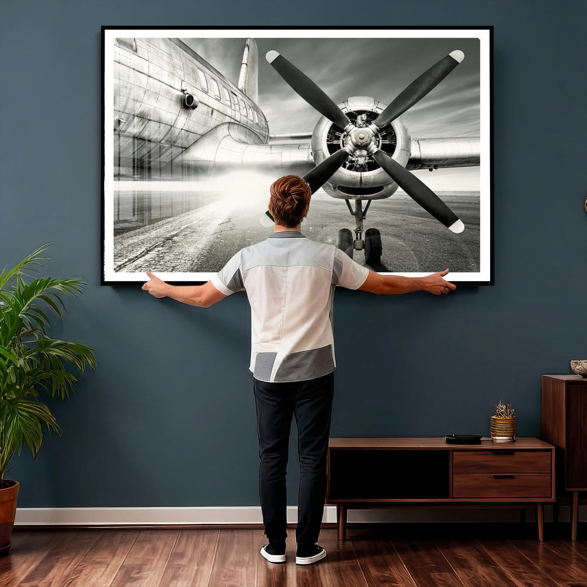 Vintage Airplane Wall Art Canvas Print, Black and White