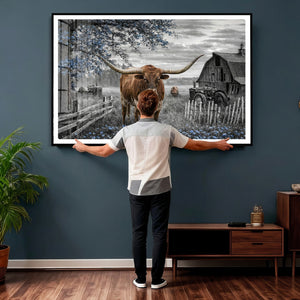 Texas Longhorn Canvas Wall Art, Rustic Farm Barn Bluebonnet
