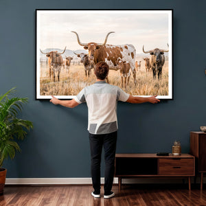 Texas Longhorn Canvas Wall Art, Rustic Farm Animal Photography Print, Farmhouse Country Decor, Western Ranch Art