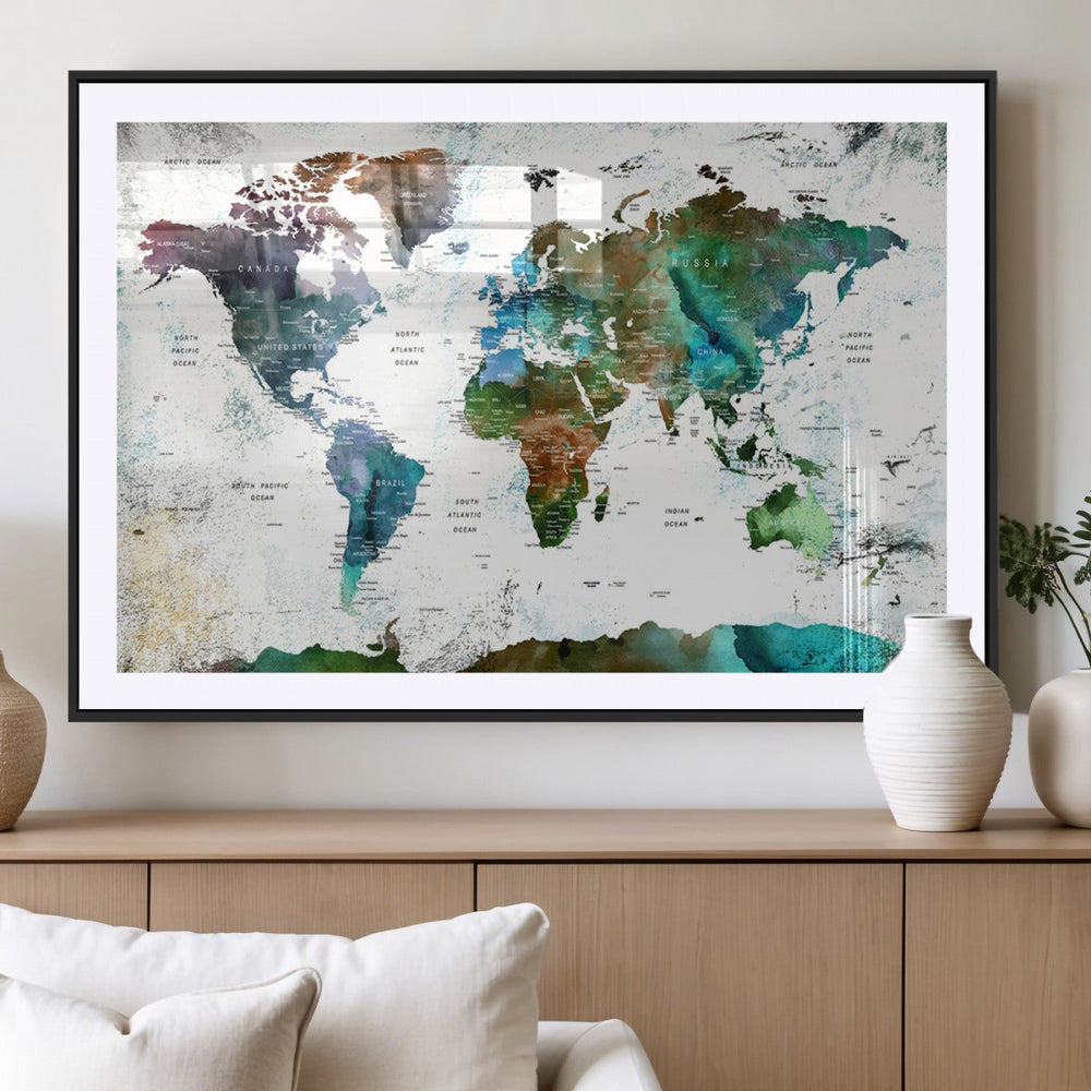 Modern Watercolor World Map Canvas Wall Art – Framed