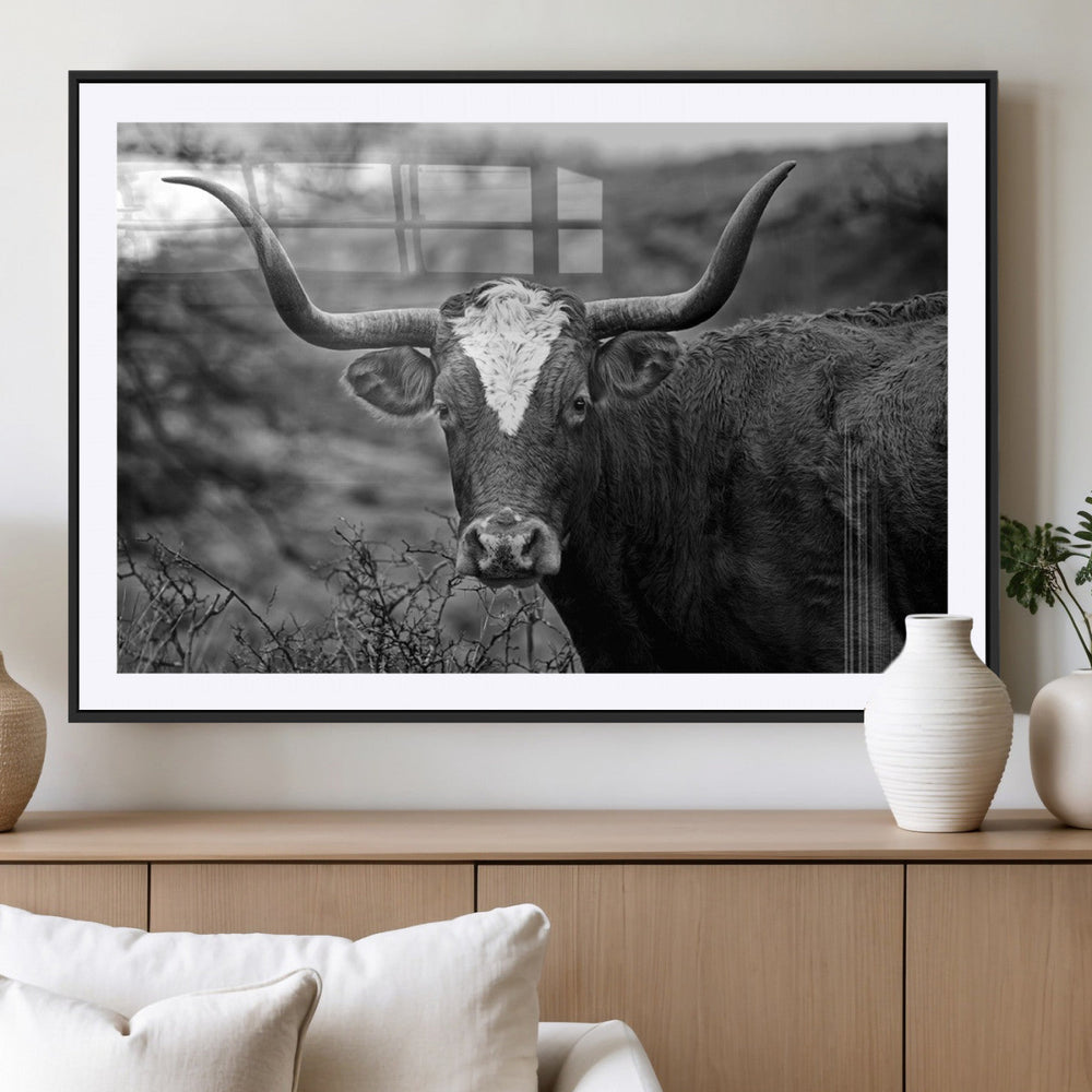 Western Home Wall Art Canvas Print, Framed Texas Longhorn