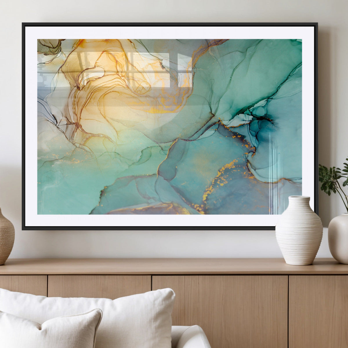 Abstract Aqua and Gold Fluid Wall Art Canvas | 3 Panel Large