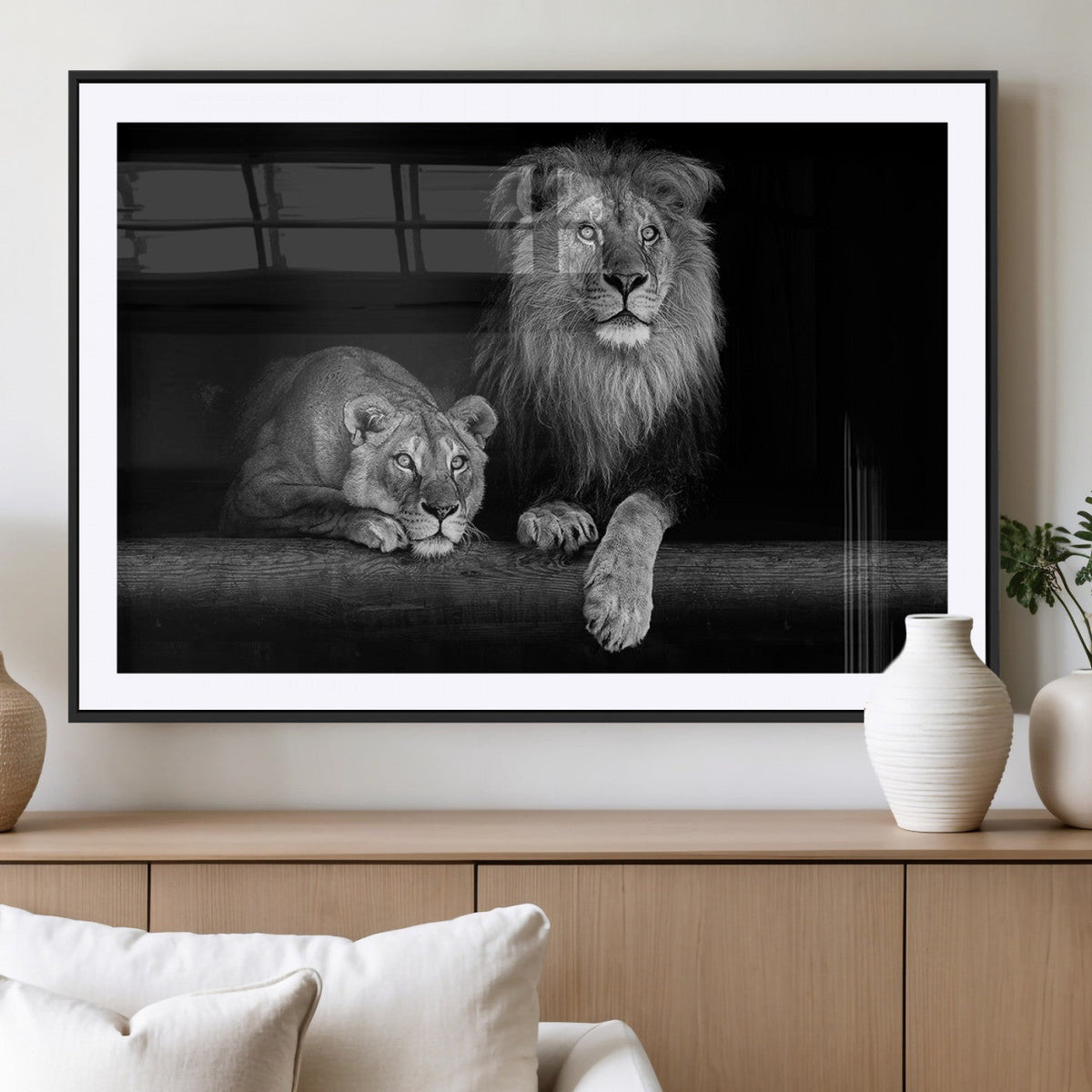 Large Black and White Lion Couple Wall Art Canvas Print –