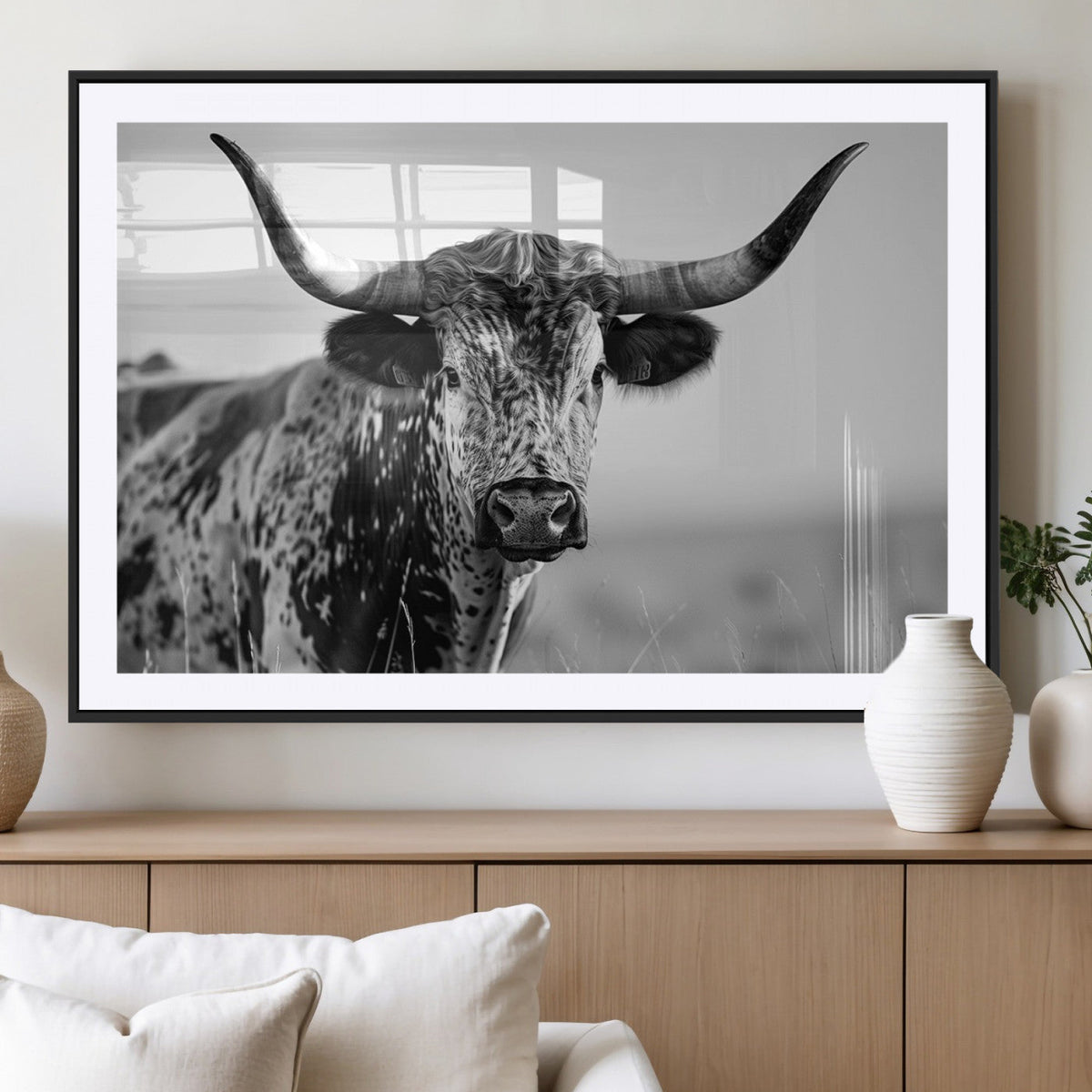 Texas Highland Cow Longhorn Canvas Print - Rustic Farmhouse