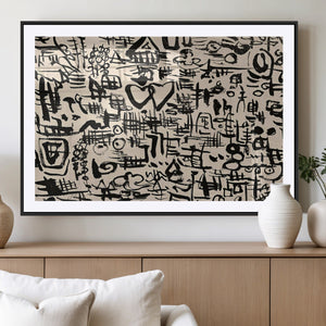 Abstract Love and Chaos Canvas Print, Black Symbols on Beige