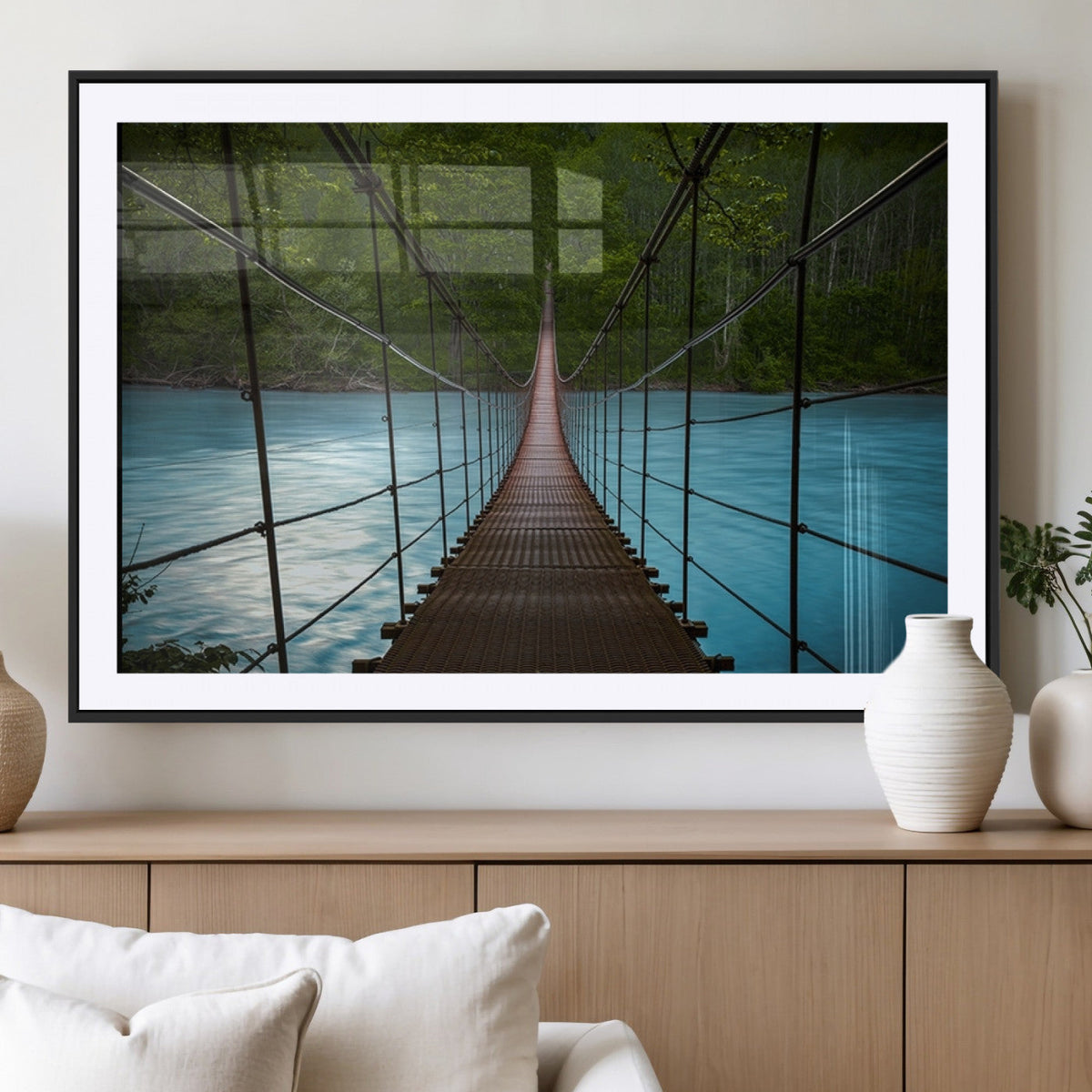 Suspension Bridge Over River Canvas Art | 3-Panel Nature