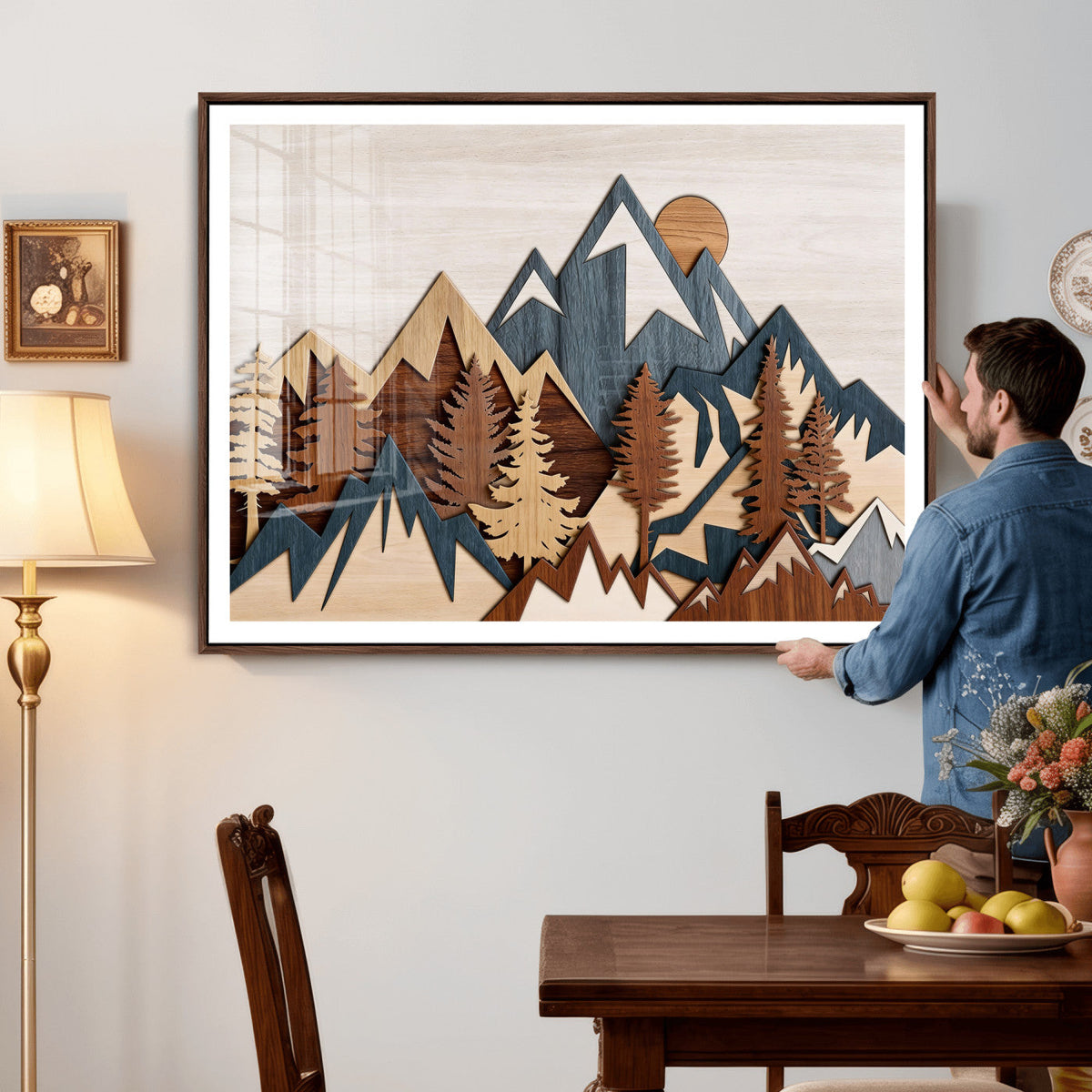 Rustic Abstract Wood Panel Effect Canvas Mountain Range Top