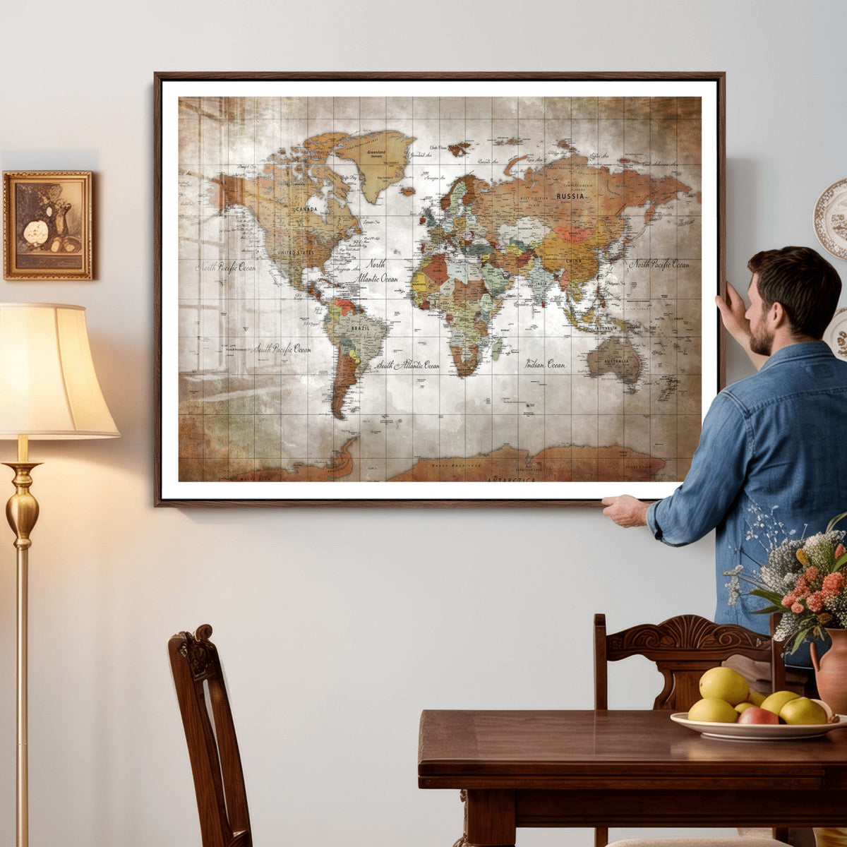 Vibrant Watercolor World Map Canvas Wall Art – Framed Travel