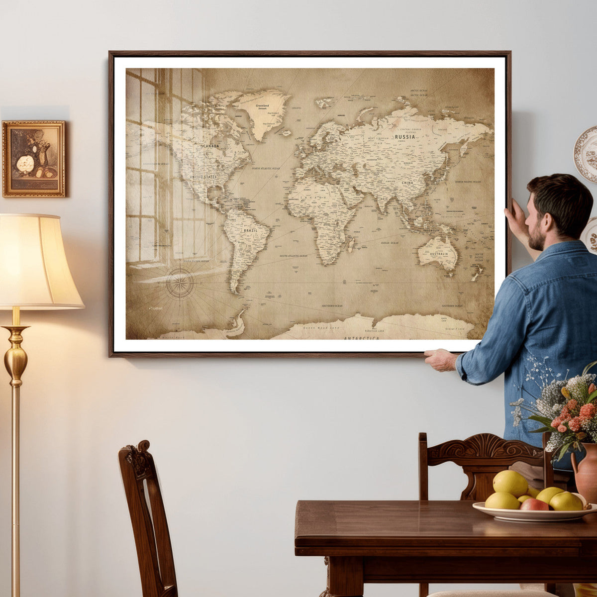 Colorful Watercolor World Map Canvas Wall Art – Framed