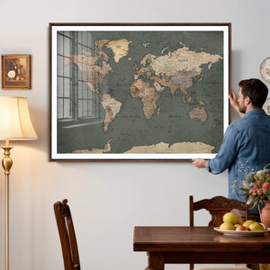 Rustic Black and Wood World Map Canvas Wall Art – Framed