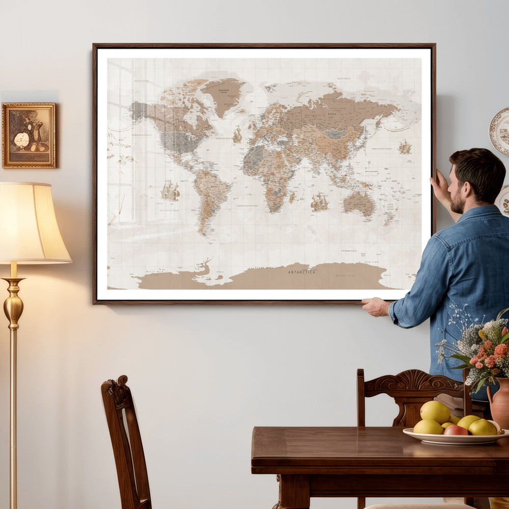 Framed Large World Map Canvas Print for Office Decor