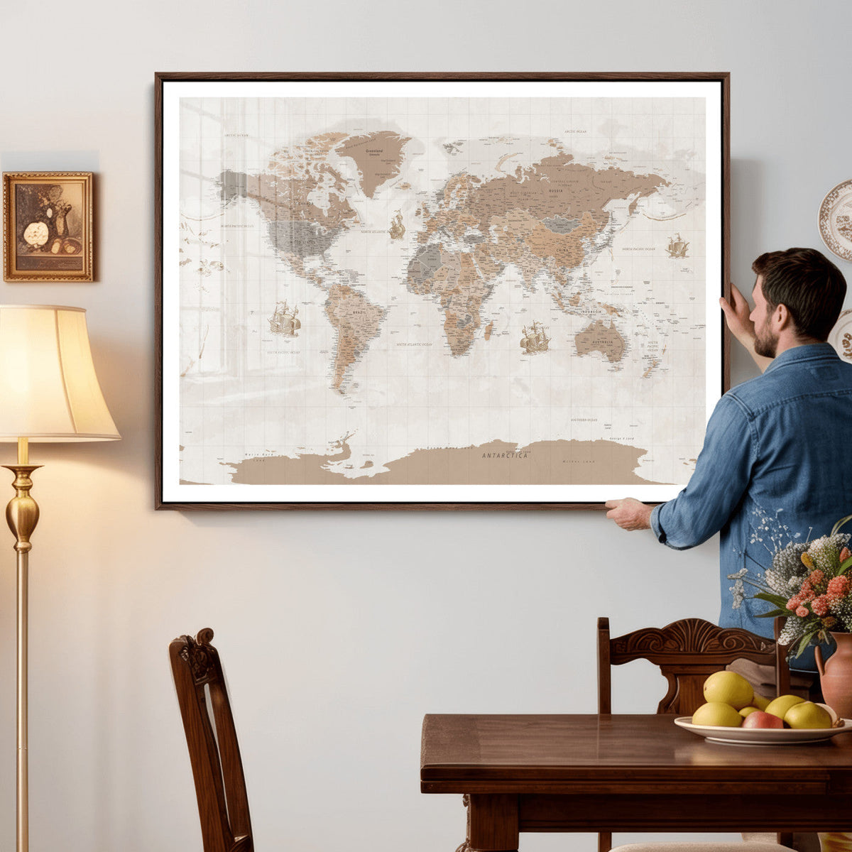Framed Large World Map Canvas Print for Office Decor