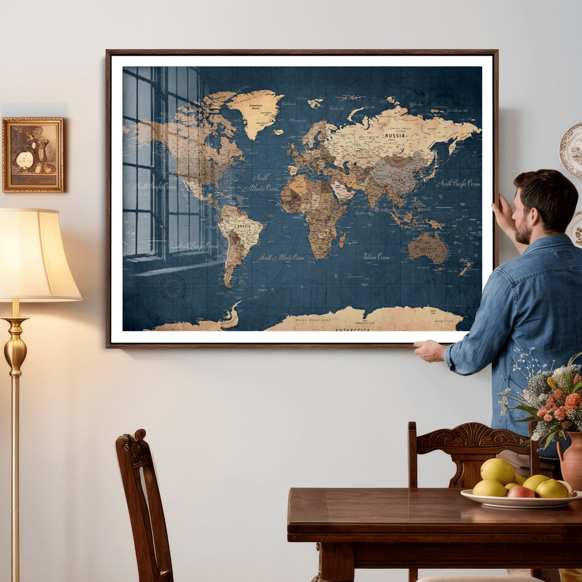 Navy Blue World Map Canvas Print – Framed Travel Map Wall