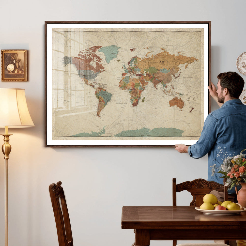 Vintage World Map Canvas Wall Art Print – Framed Modern