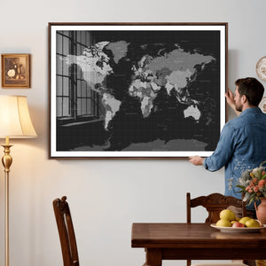 Black World Map Wall Art Canvas Print – Detailed Map of the