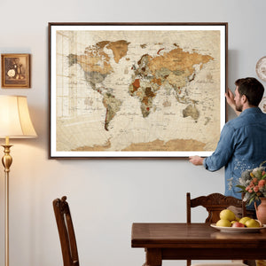 Rustic Vintage World Map Canvas Print – Framed Modern