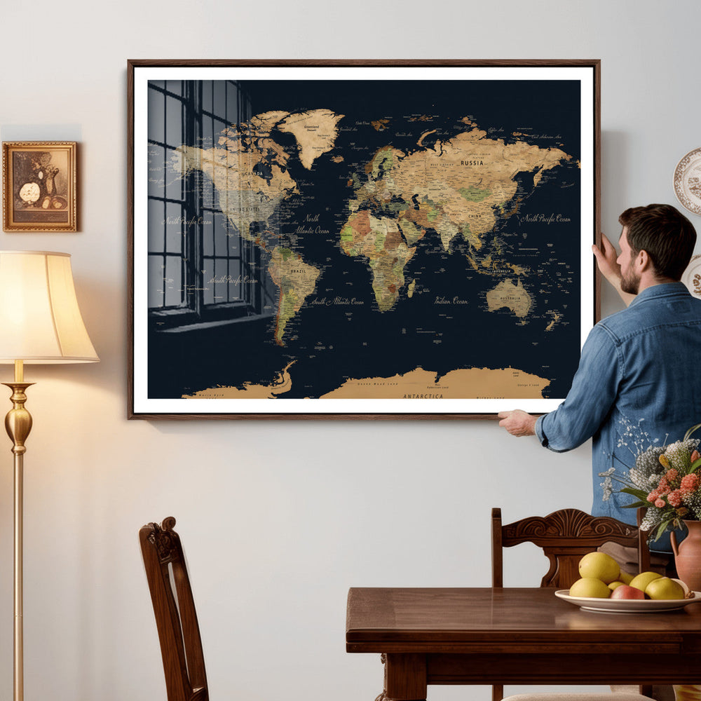 Vintage World Map Canvas on the Dark Background Wall Art