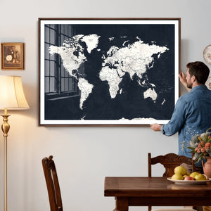 Black World Map Wall Art Canvas Print for Home Office and