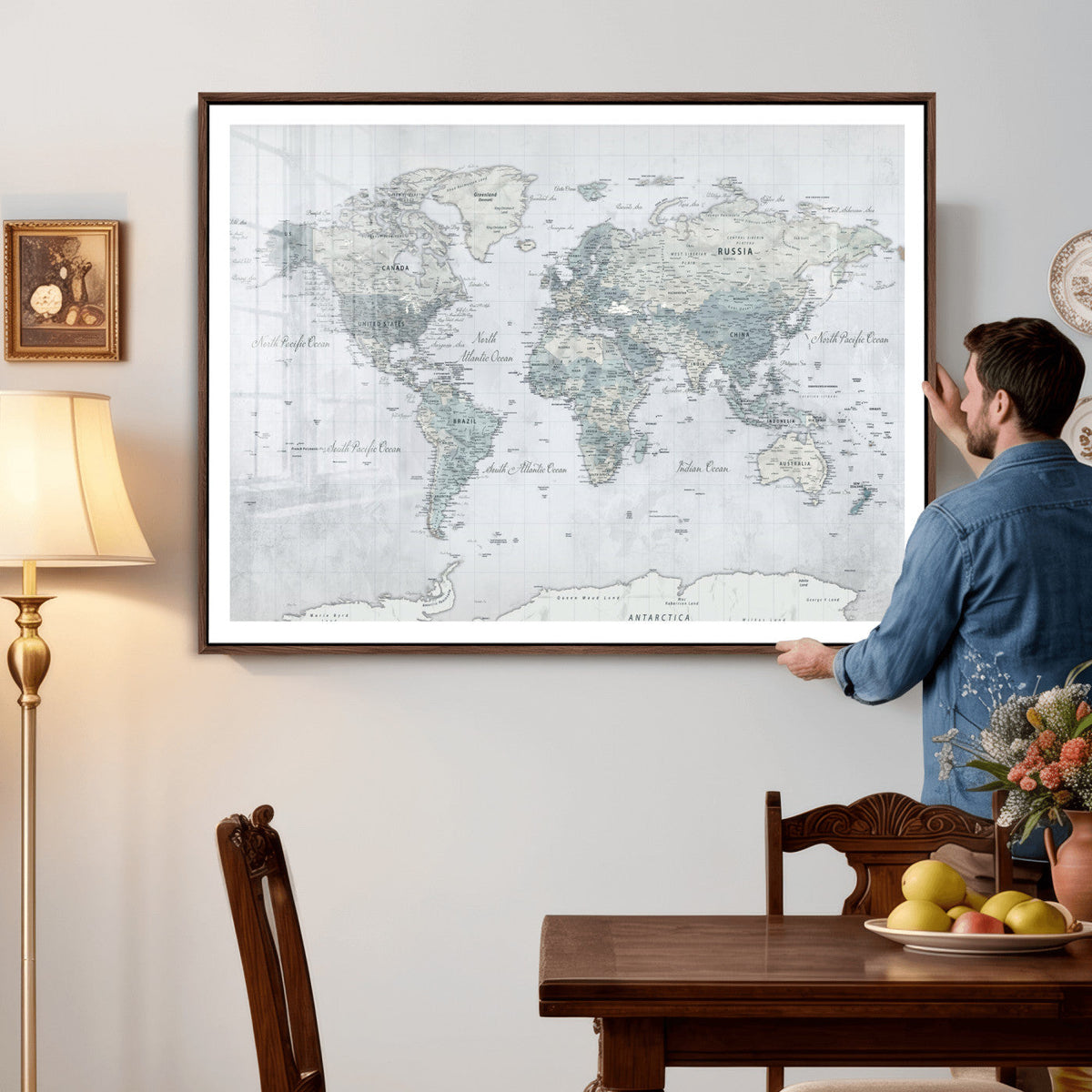Push Pin World Map Canvas Print - Detailed Vintage World Map