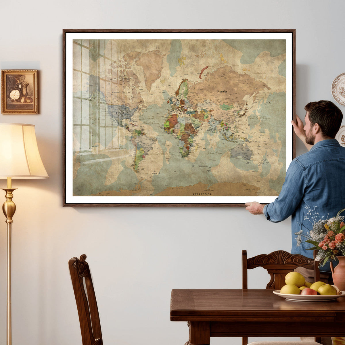 World Map Wall Art Canvas Print, Rustic Map Print, Framed