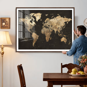 Framed World Map with Pin Canvas Print – Detailed World Map