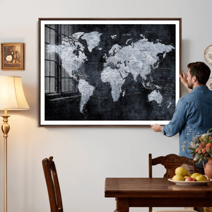 Black World Map Canvas Print – Detailed Map for Couples and