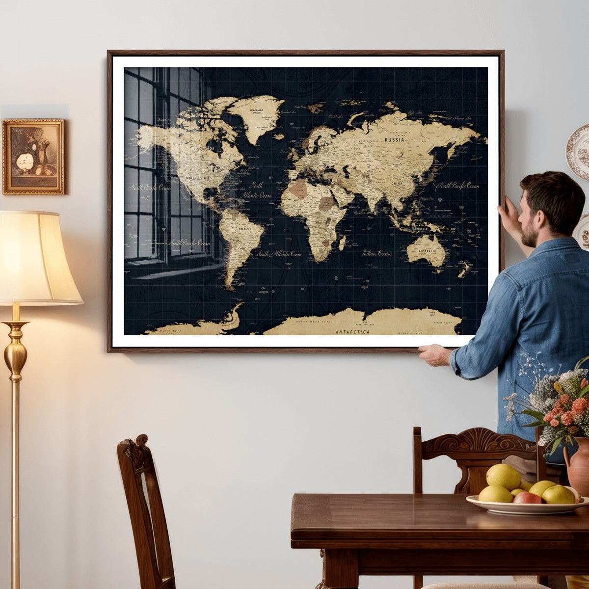 Dark World Map Canvas Wall Art Print, Minimal Black and Gold