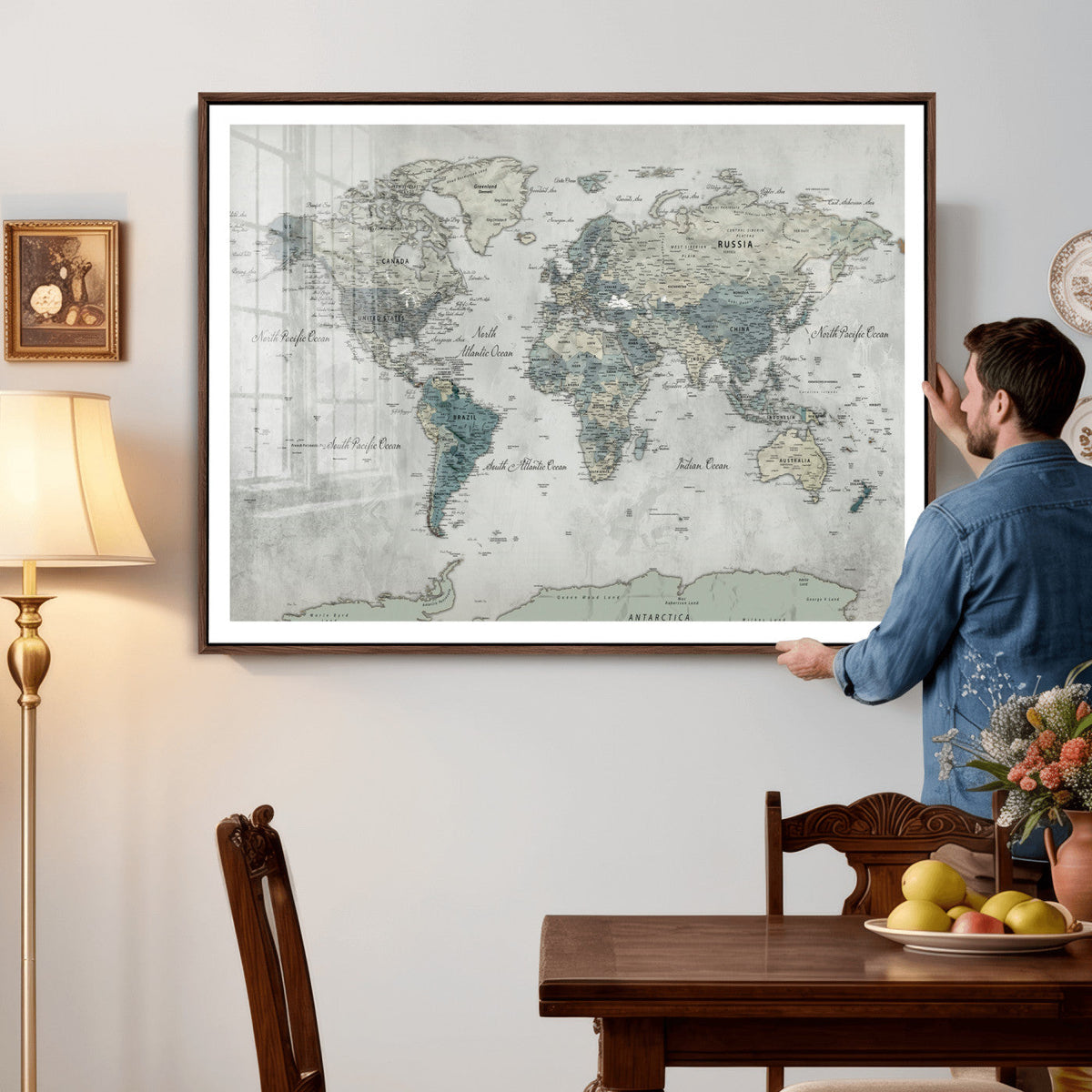 Neutral Vintage World Map Canvas Wall Art Print, Classic Map