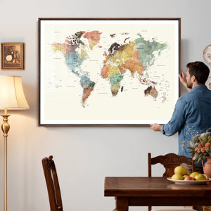 Framed World Map Wall Art Canvas Print for Living Room and