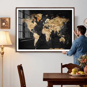 World Map Canvas Wall Art with Famous Landmarks – Framed