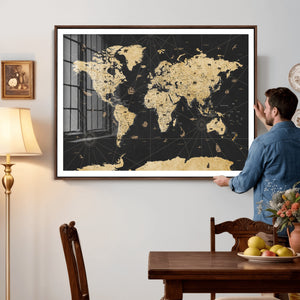 Vintage Blue and Brown World Map Canvas Wall Art – Framed