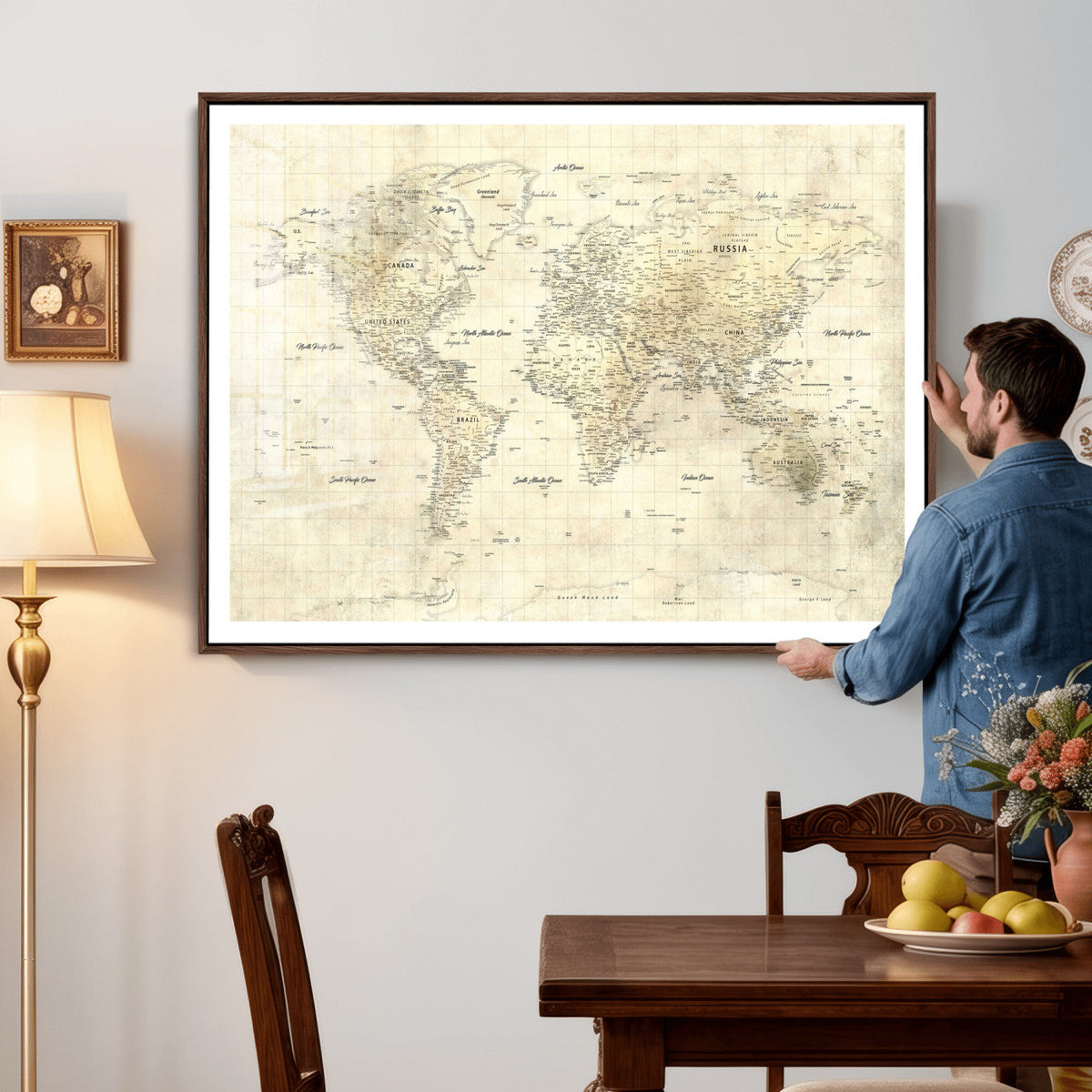 Colorful Watercolor World Map Canvas Wall Art – Framed