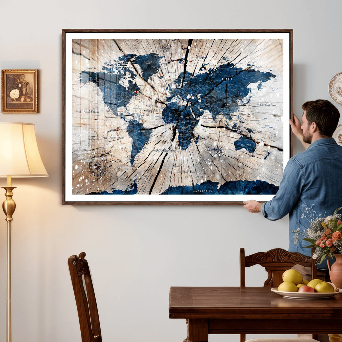 Rustic World Map Canvas Print – Framed Wall Art for Couples,